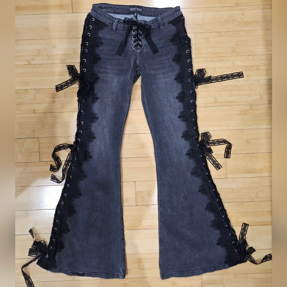 Current Mood Denim - ~SOLD~Dolls Kill Current Mood Across The Crowd Gray Black Lace Up Flared Jeans S